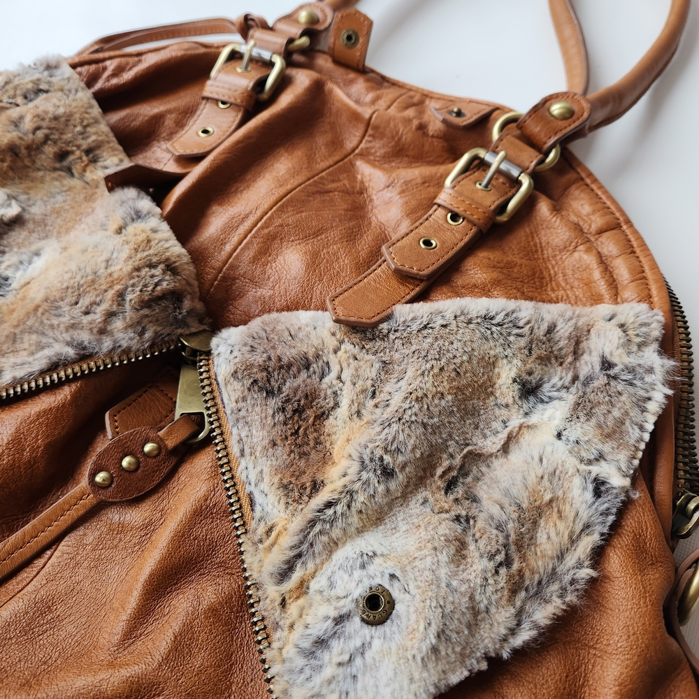 Badgley Mischka Brown Leather Tote Bag with Real Fur Accents Designer - Picture 3 of 8